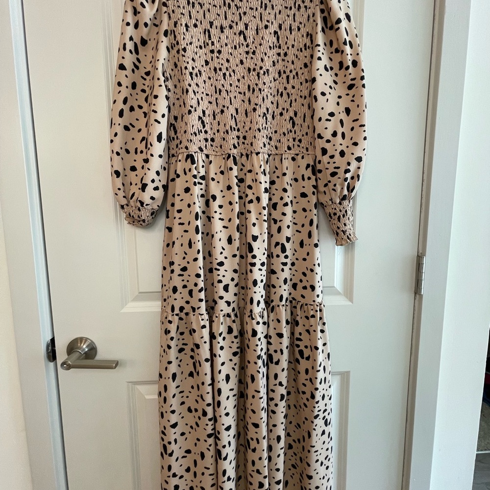 Shein – Smocked Cheetah Print Maxi Dress – Beige Black Long Sleeve – Size L